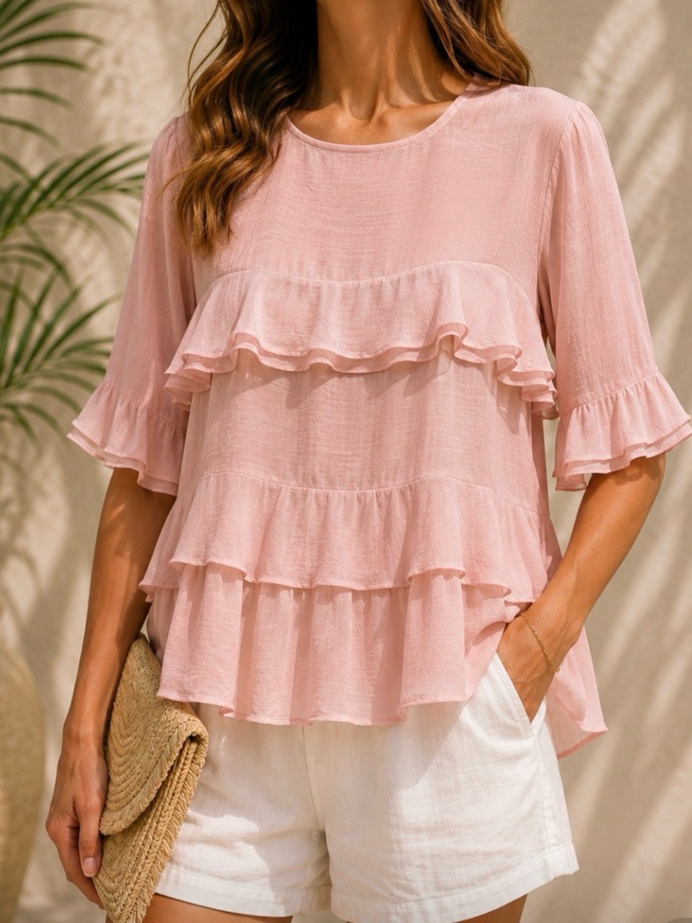 Quarter Sleeve Blush Ruffle Blouse